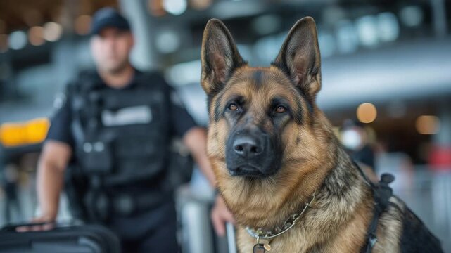 Close-up of a working bomb-sniffing dog and handler in a transport hub, canine nose close to luggage, handler in uniform supervising, realistic crowd in soft focus, tension and vig