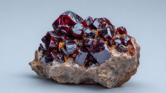 Close-up view of a raw garnet mineral specimen, intense ruby-red tones glowing subtly from within, uncut crystalline form placed on a pure white lightbox surface, high-resolution m