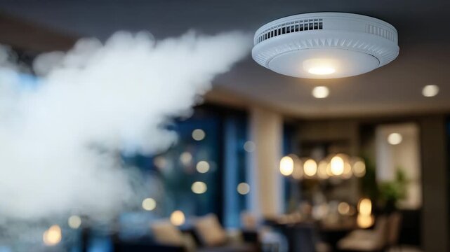 Emergency smoke detector triggering interlinked alarms, close-up on flashing device, other alarms glowing in background, smoke gently rising, residential home interior softly out o