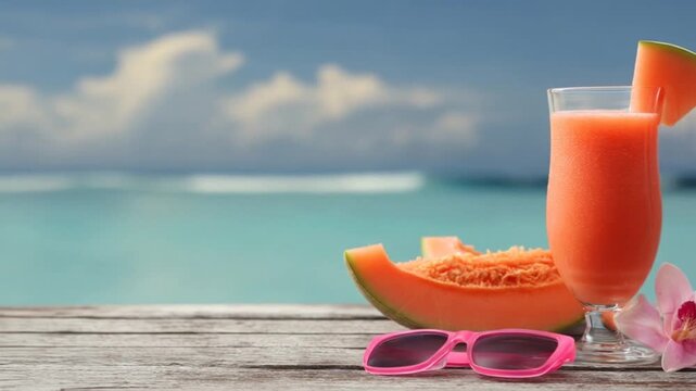 Fresh cantaloupe juice with melon slice and flowers on a wooden table
