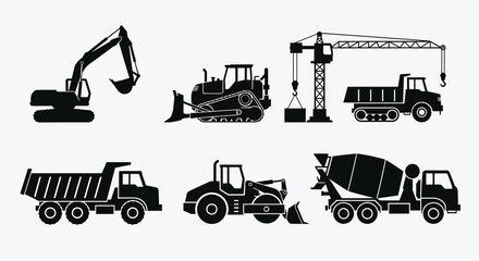 Construction Trucks and Crane Silhouette Illustration Set © Udara