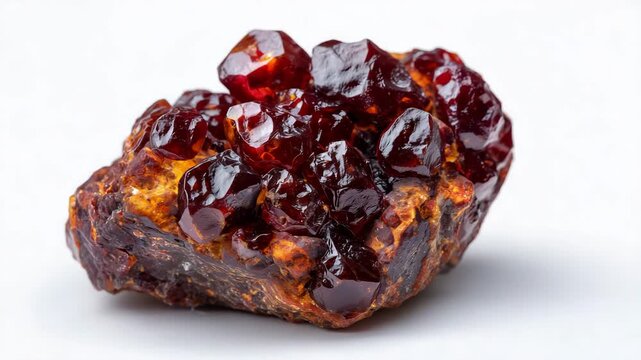 Highly realistic close-up of a rough garnet crystal, semi-transparent edges catching diffused light, raw geological form isolated on a white lightbox background, minimal shadows an