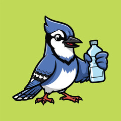 Obraz premium Charming blue jay mascot illustration holding a refreshing water bottle, symbolizing nature's hydration and a friendly approach to wellness, set against a vibrant green background