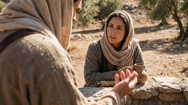 Jesus speaking about living water with extended hand to a contemplative Samaritan woman