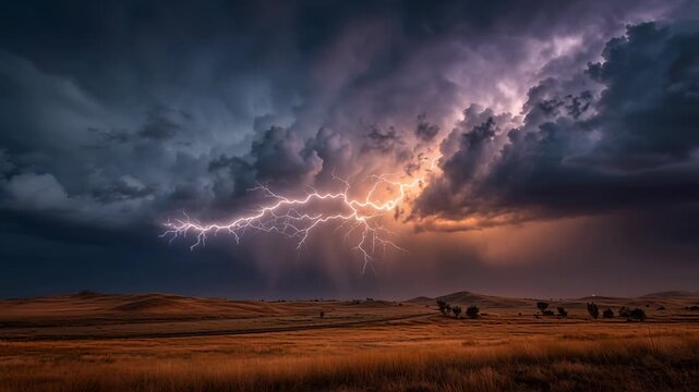 Dramatic Lightning Storm Over Open Landscape.