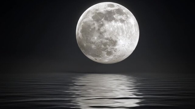Glowing full moon reflecting on water surface against dark background
