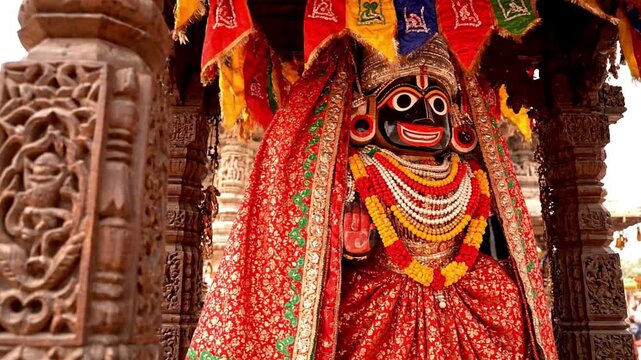 Sacred lord jagannath deity in traditional attire at ancient temple. Perfect for cultural documentaries or religious education.