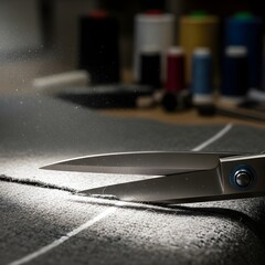 Obraz premium Sharp Tailor's Scissors Cutting Through Thick Wool Fabric with Fabric Dust