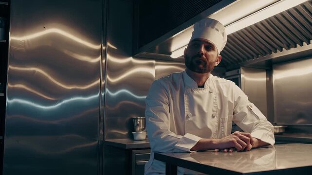 A focused chef in a white uniform and tall toque leans on a stainless counter in a professional kitchen, lit by moody overhead lights, with metal panels and a vent hood framing the quiet workspace.