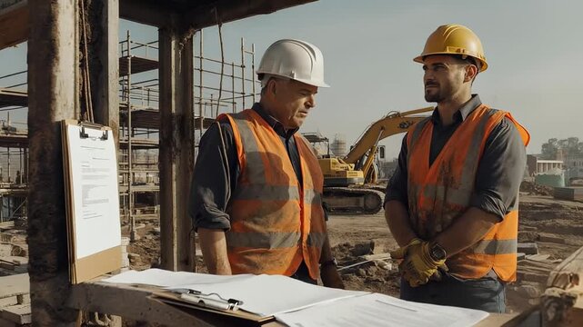 Two construction workers in hard hats and orange vests review blueprints on a site table, discussing plans amid scaffolding and rebar, while an excavator operates in the dusty background.