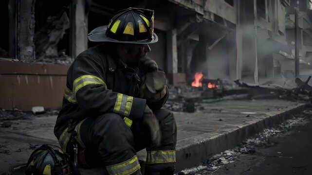 A weary firefighter in full gear kneels on a smoke-choked street amid wreckage, reflective stripes catching dim light as flames flicker behind a ruined building in the ash-streaked gloom.