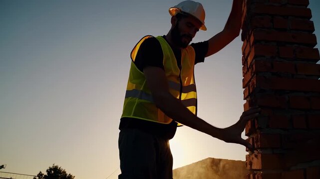 At sunset, a construction worker in a safety vest and hardhat steadies a stack of red bricks, his silhouette outlined against the sky as dust drifts and warm light edges the rising wall.