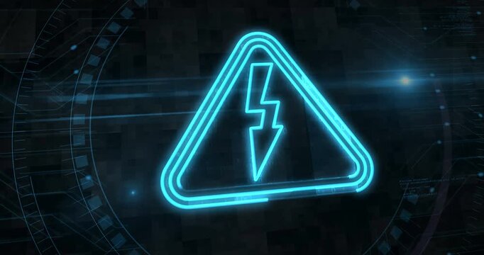 Electricity warning and electric shok hazard symbol digital concept. Cyber technology and computer background abstract 3d. Seamless and loopable.