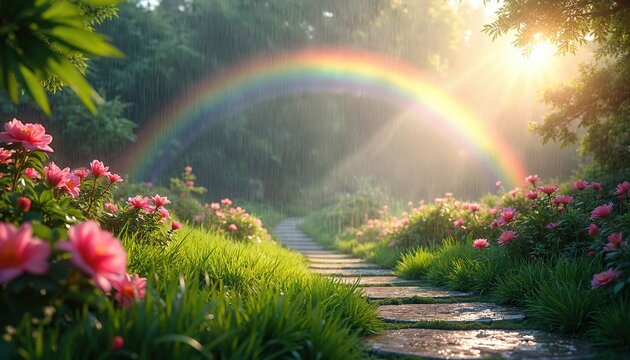 Bright double rainbow arches over lush garden path. Pink flowers, green grass glisten with raindrops after storm. Sun shines through falling rain.