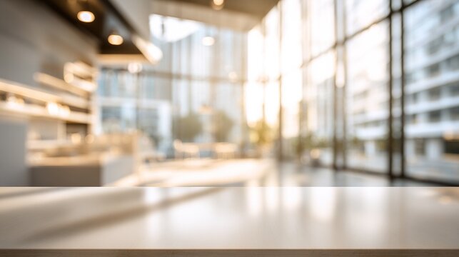 The modern, bright, and airy office space features a blurred background and a soft beige blank copy area. Sunlight streams in through the windows, creating a professional corporate atmosphere.