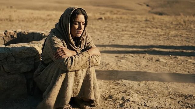 Defensive Samaritan woman looking down as she admits she does not have a husband