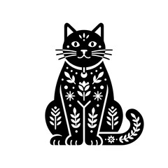 Obraz premium Ornate sitting cat with complex folk floral pattern details flat vector illustration
