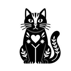 Obraz premium Sitting black cat with heart and floral folk ornaments flat vector illustration