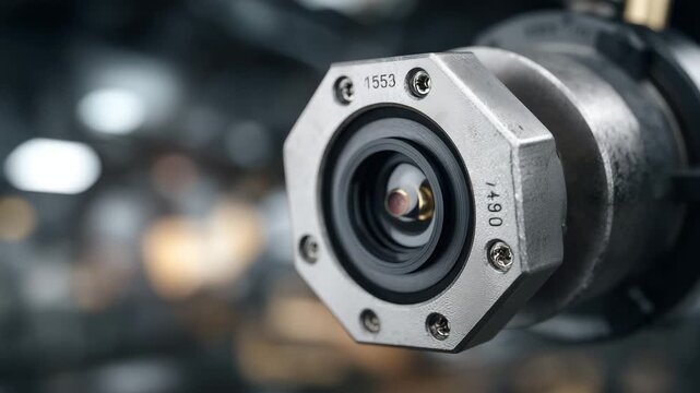 Proximity sensor close-up for industrial machinery, metallic casing with engraved serial numbers, plastic lens detailed, reflective textures, shallow depth of field, dark gradient