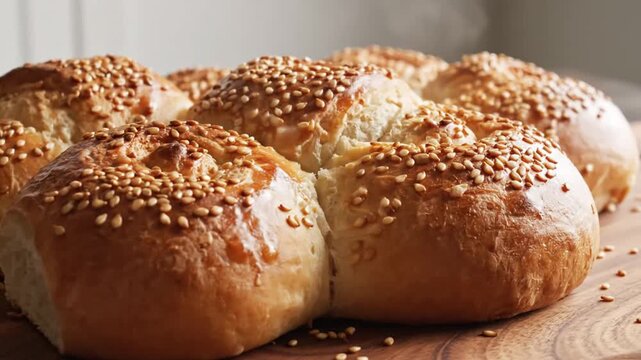 Freshly baked golden sesame seed bread rolls on wooden board