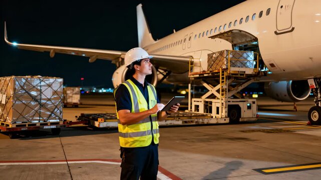 Personnel On Tarmac Review Cargo List While Supervising Loading Process