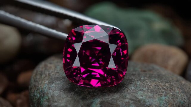 Spinel gemstone macro close-up in deep red color, precision cut, luxury jewelry stock image