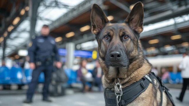 Trained bomb-sniffing dog inspecting bags at a train station, handler supervising closely, passengers and benches blurred, realistic fur texture and harness details, focused operat