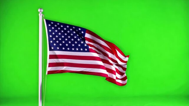American flag waving on a pole against a green chroma key background, symbolizing patriotism and national pride