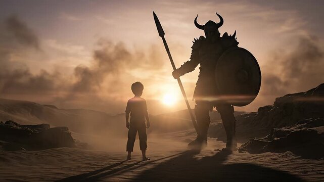 Silhouette of biblical David facing the giant warrior Goliath holding a spear and shield in a dusty desert landscape during a dramatic golden sunset representing courage against overwhelming odds