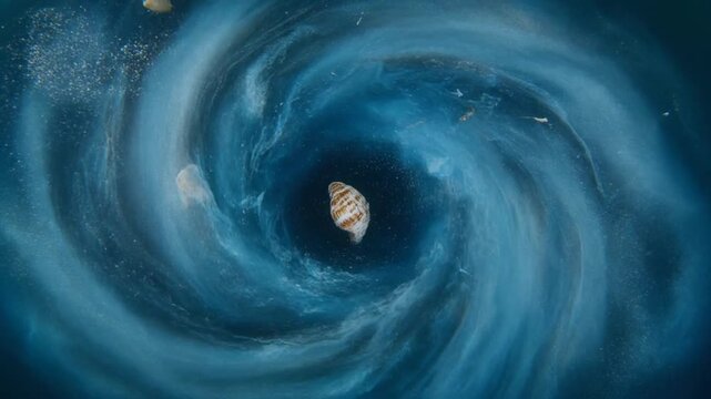 Aerial view of a boat getting sucked into a massive ocean whirlpool with swirling blue water and debris in the background, possibly used for disaster or nature concepts