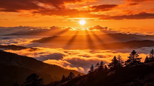 Mountain range sunset with golden clouds and forest silhouette