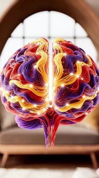 Abstract illustration of a human brain with glowing neural pathways symbolizing innovation creativity and interconnectedness within a modern interior setting