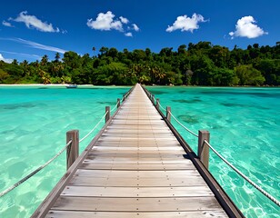 Naklejka premium Wooden Pier Leading to Tropical Island Paradise with Turquoise Water.