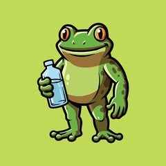 Obraz premium A happy cartoon green frog holds a clear water bottle, symbolizing healthy hydration and a fresh lifestyle. This charming illustration promotes wellness, refreshment, and active living