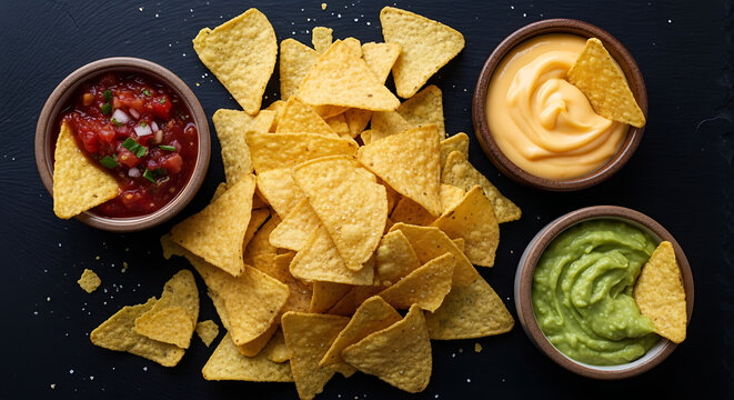 Assorted tortilla chips with salsa guacamole and cheese dip on a dark surface viewed from above