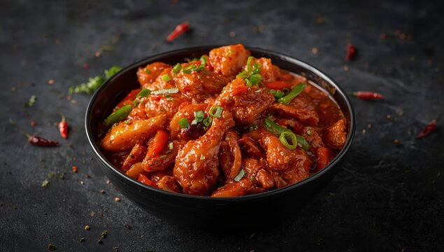 Spicy Indo-Chinese chicken dish with chili and veggies in a black bowl on a dark slate backdrop