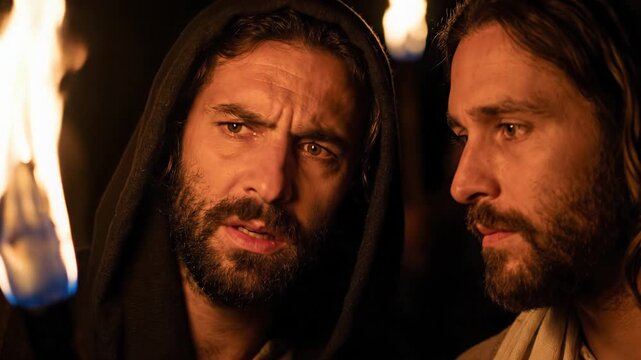 Profile close up of biblical Judas Iscariot leaning in slowly towards calm Jesus Christ with tense expression under flickering torchlight creating deep shadows representing the famous betrayal kiss