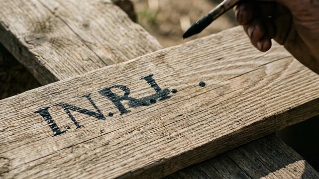Close up of dirty weathered hands carefully painting the letters INRI in black ink onto a wooden cross representing the biblical inscription placed above Jesus Christ during the crucifixion