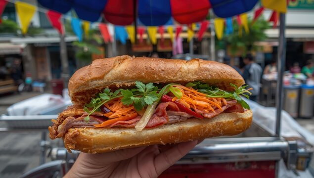 Banh mi thit is a well-known Vietnamese street food consisting of bread filled with pork, ham, p&acirc;t&eacute;, egg, and fresh vegetables like scallions, coriander, carrot, cucumber, and chili