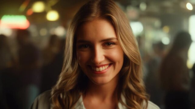 Casual Woman With Blonde Hair And Bright Smile Captured During Relaxed Night Out In Vibrant Bar