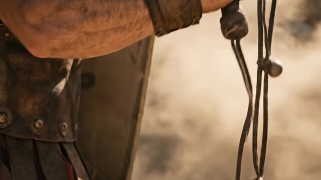 Close up view of a roman soldier holding a leather whip with lead weights in a dusty outdoor setting representing the biblical flagellation of Jesus Christ during the passion