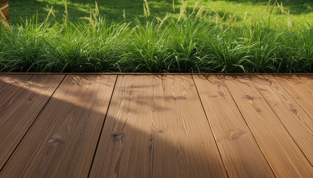 Brown wooden deck texture with evergreen ornamental grass backdrop