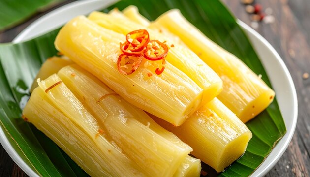 Traditional Indonesian fermented cassava tape singkong served on banana leaf, soft texture, natural light, authentic local dessert
