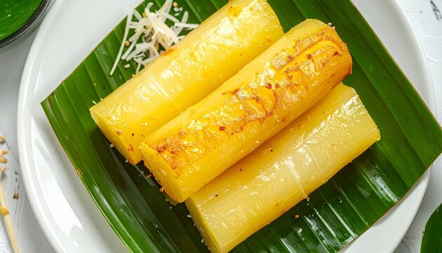 Traditional Indonesian fermented cassava tape singkong served on banana leaf, soft texture, natural light, authentic local dessert