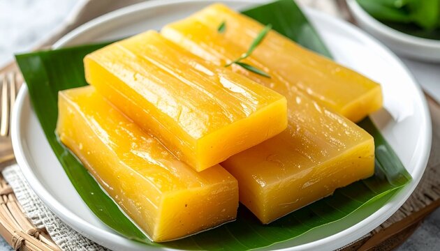 Traditional Indonesian fermented cassava tape singkong served on banana leaf, soft texture, natural light, authentic local dessert