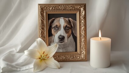 Closeup of a dog photo, lit candle, and lily on white fabric for a pet memorial