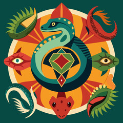 Fototapeta premium Serpentine Ouroboros Symbol with Mythical Creatures