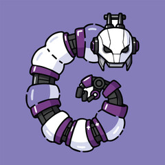 Obraz premium Stylized illustration of a robotic snake, resembling the letter G, with white and purple segments on a light purple background, creative character design