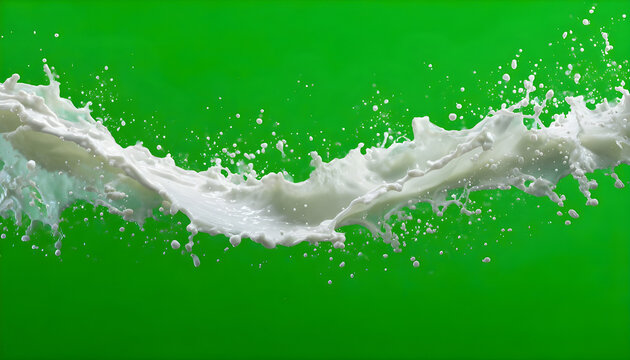 Continuous Milk Stream Creating Bubbly Splash on Bright Green Screen