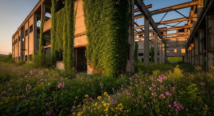Fototapeta premium Abandoned Industrial Building Overgrown Nature Cinematic Photography with Lush Greenery and Wildflowers at Dusk